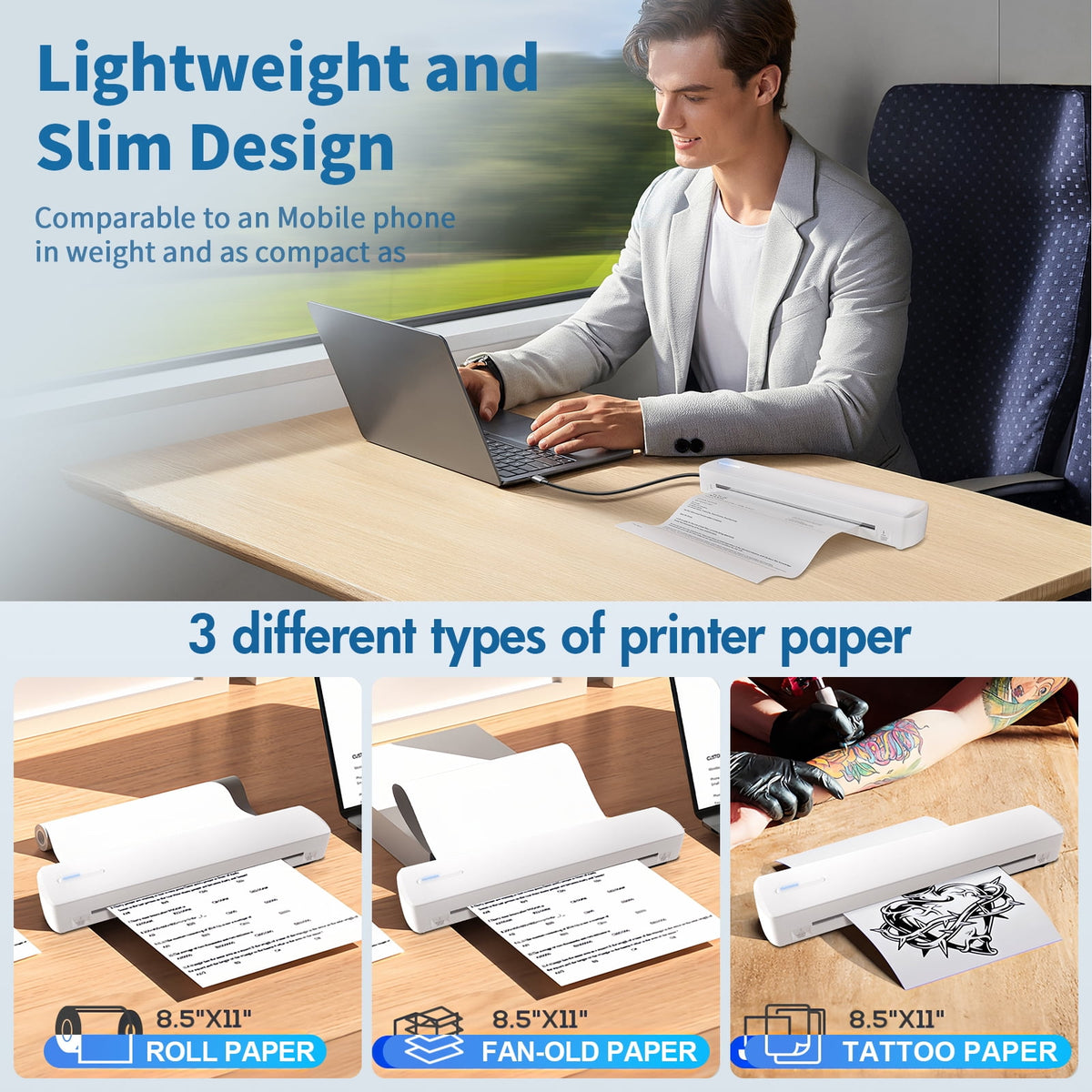 Wireless Printer, Thermal Printer, Monochrome for Travel, Mobile Office School Home, Bluetooth Printer Compatible with Ios and Android, for Phone and Laptop