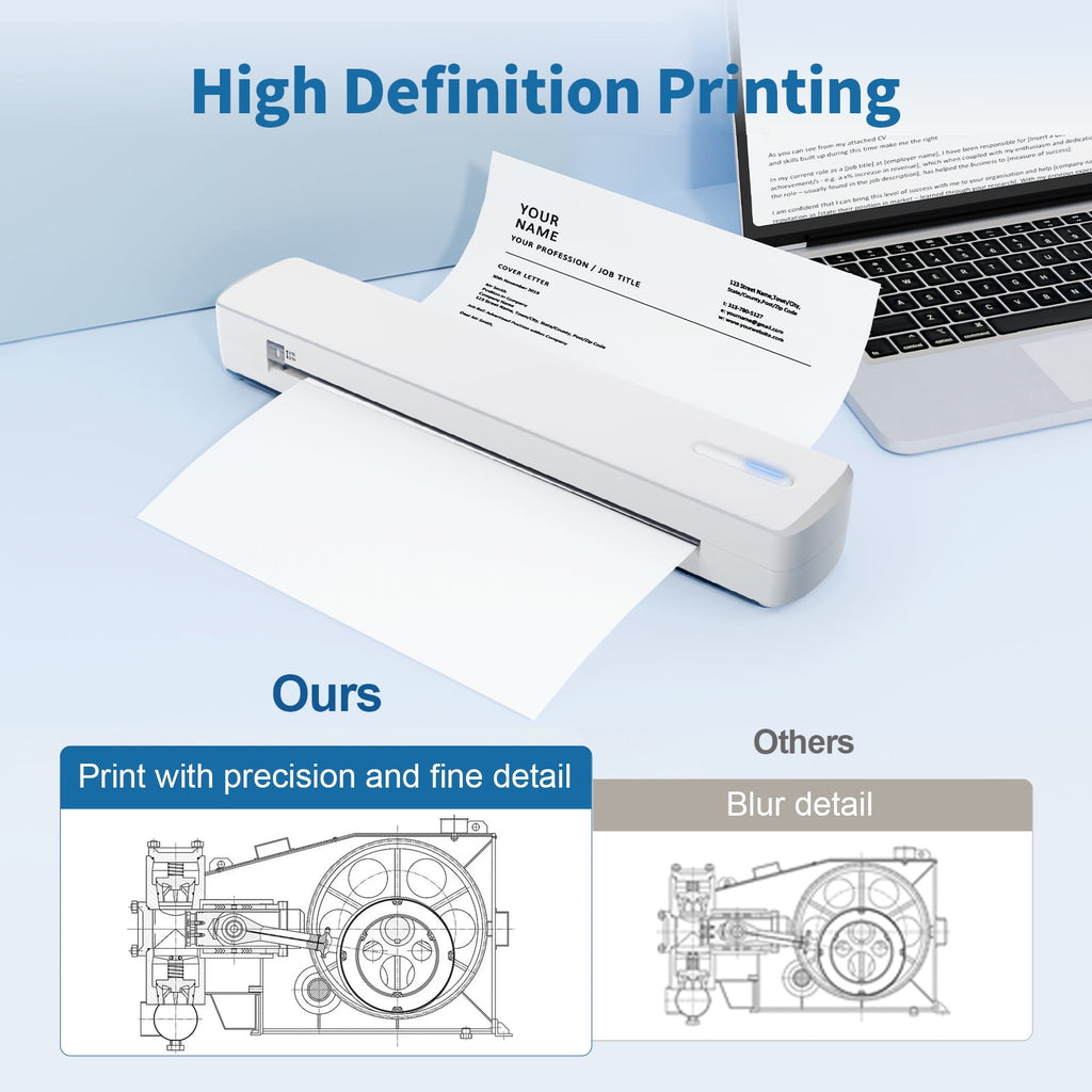 Wireless Printer, Thermal Printer, Monochrome for Travel, Mobile Office School Home, Bluetooth Printer Compatible with Ios and Android, for Phone and Laptop