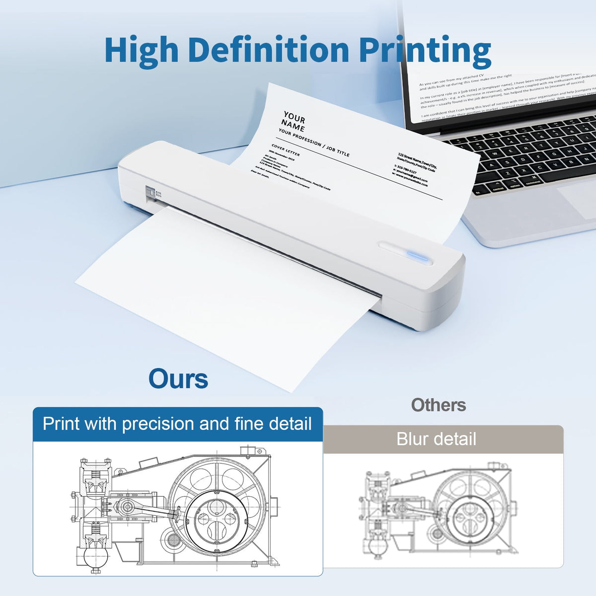 Wireless Printer, Thermal Printer, Monochrome for Travel, Mobile Office School Home, Bluetooth Printer Compatible with Ios and Android, for Phone and Laptop