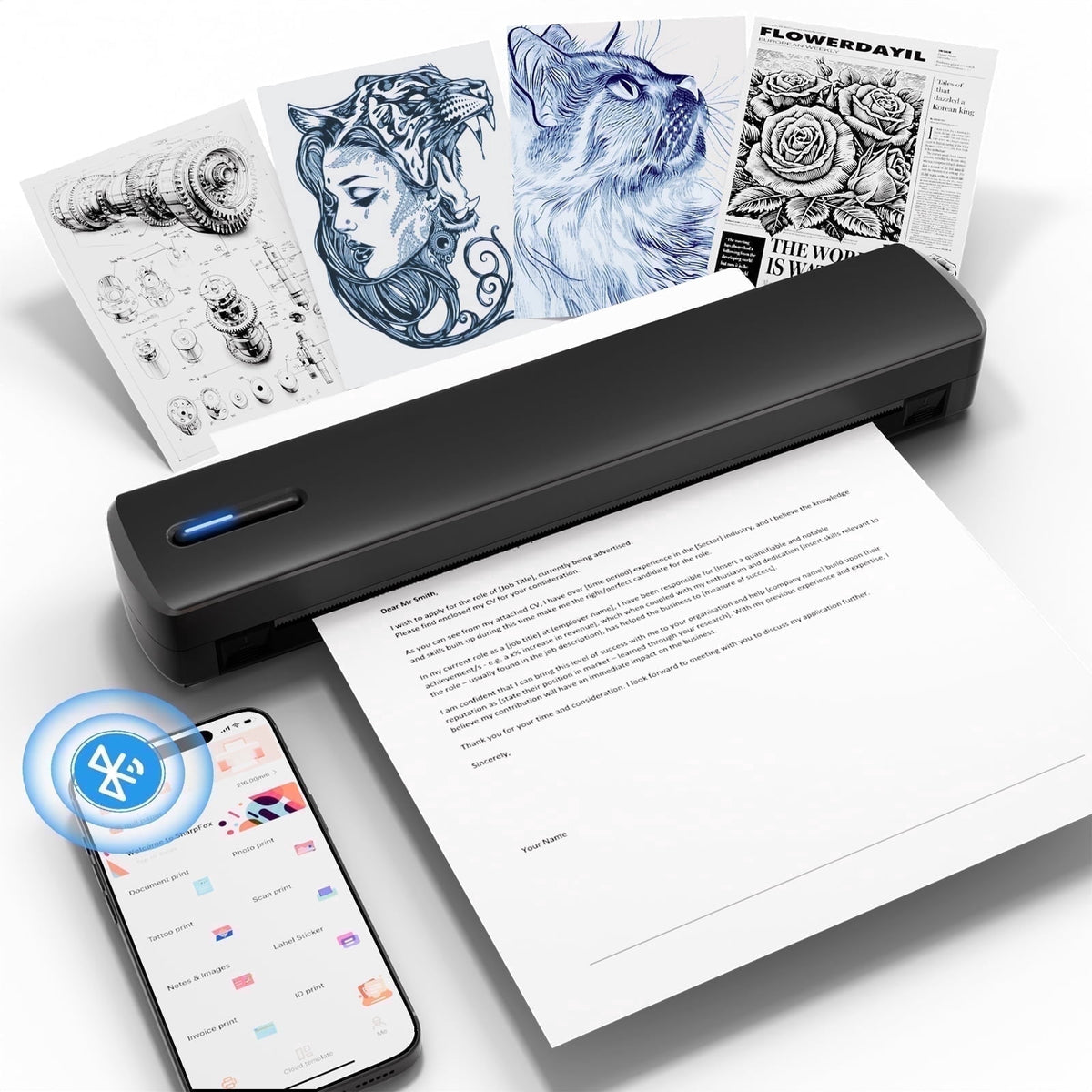 Wireless Printer, Thermal Printer, Monochrome for Travel, Mobile Office School Home, Bluetooth Printer Compatible with Ios and Android, for Phone and Laptop