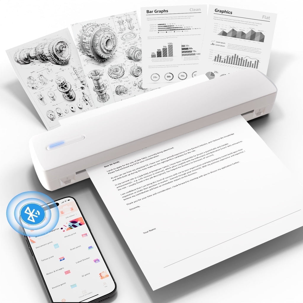 Wireless Printer, Thermal Printer, Monochrome for Travel, Mobile Office School Home, Bluetooth Printer Compatible with Ios and Android, for Phone and Laptop