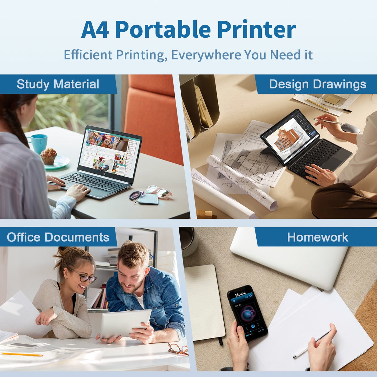 Wireless Printer, Thermal Printer, Monochrome for Travel, Mobile Office School Home, Bluetooth Printer Compatible with Ios and Android, for Phone and Laptop